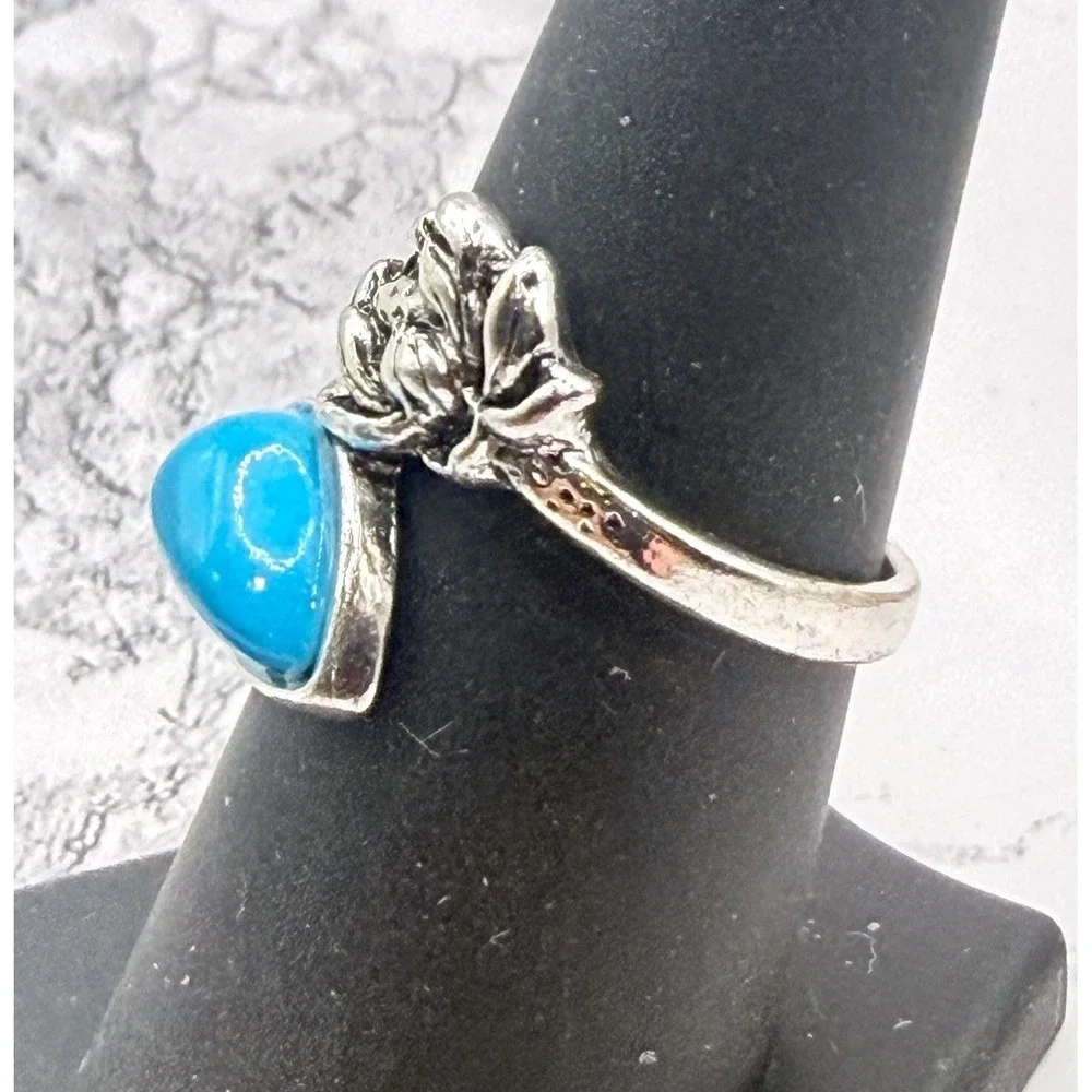 Turquoise Color Marbled Glass Flower Ring Silver Tone‎ Size 7.5